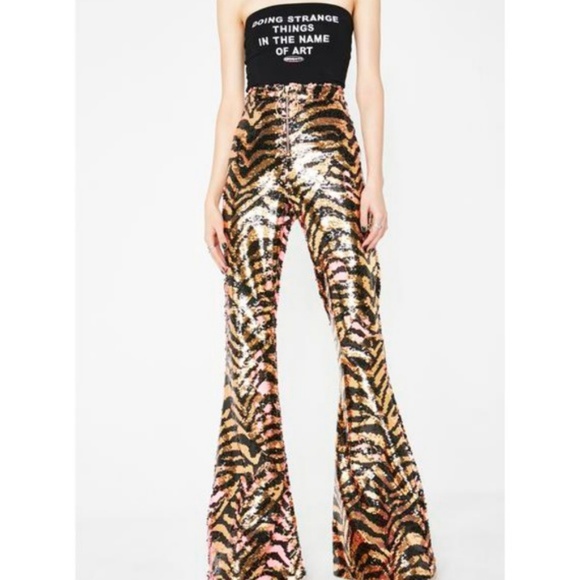 Elsie & Fred Pants - Pink Zebra Tiger sequin bell bottom flare pant   